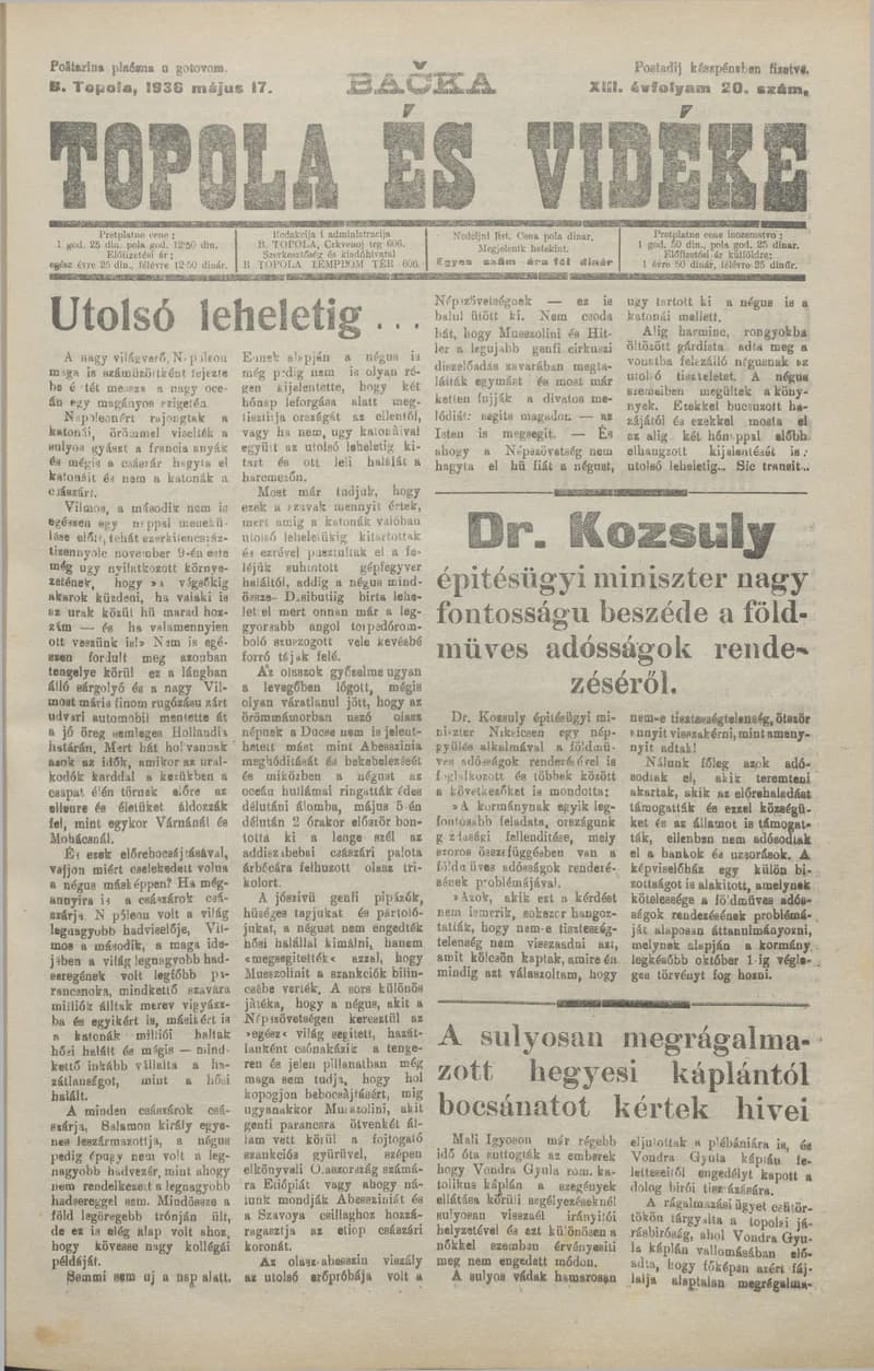 Bačka Topola és Vidéke, 13. évf. 1936. május 17. 20. sz.