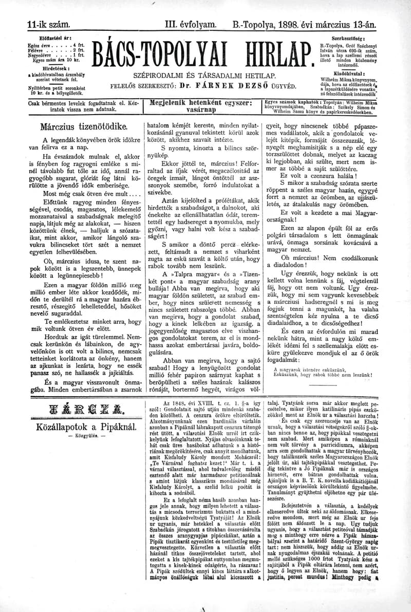 Bács-Topolyai Hirlap, 3. évf. 1898. március 13. 11. sz.