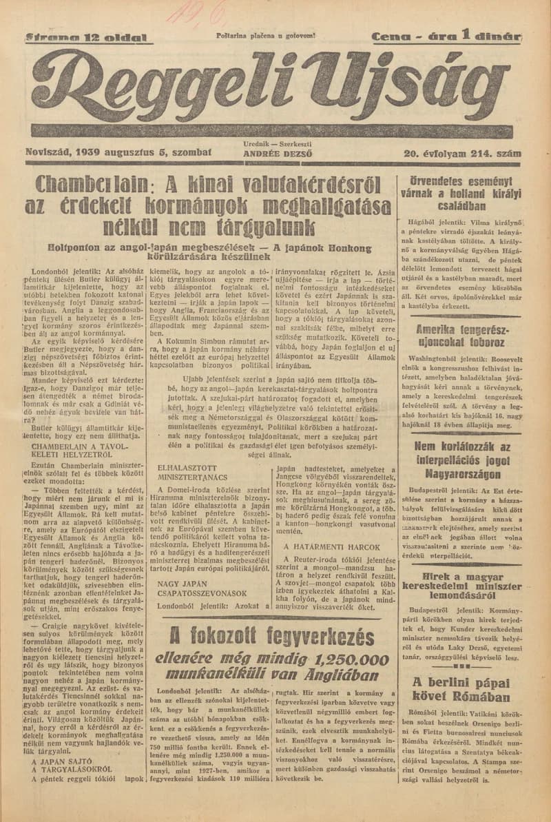 Reggeli Újság, 20. évf. 1939. augusztus 5. 214. sz.
