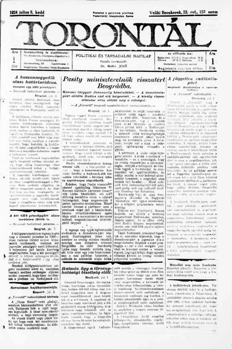 Torontál, 53. évf. 1924. július 8. 152. sz.
