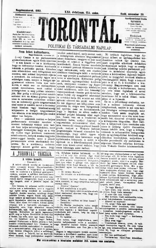Torontál, 21. évf. 1892. november 29. 254. sz.