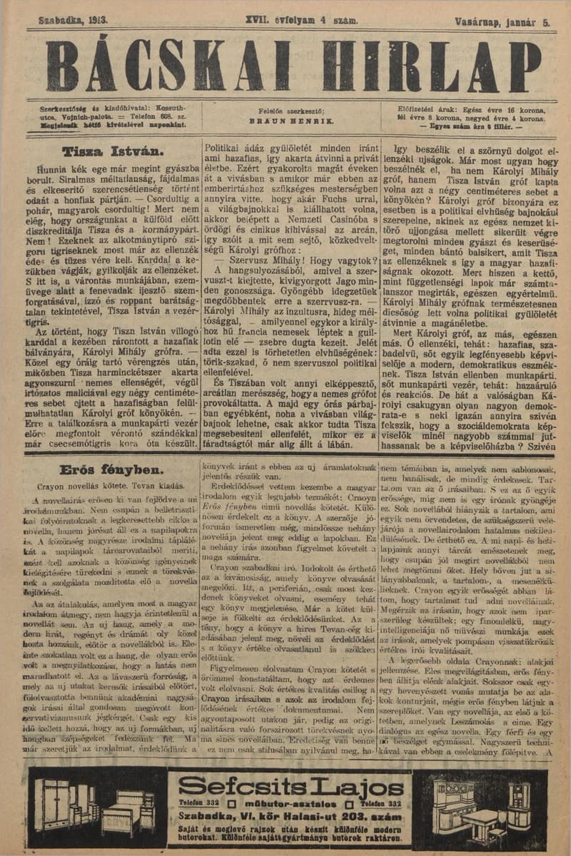Bácskai Hirlap, 17. évf. 1913. január 5. 4. sz.