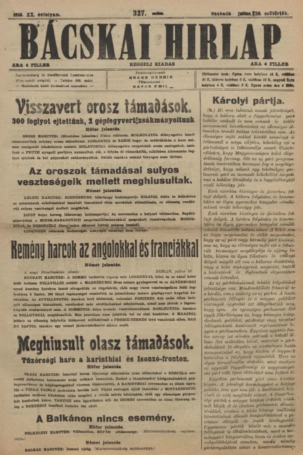 Bácskai Hirlap, 20. évf. 1916. július 20. 327. sz.
