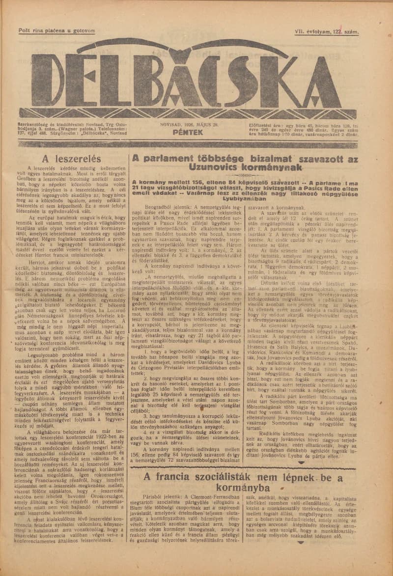 Délbácska, 7. évf. 1926. május 28. 121. sz.