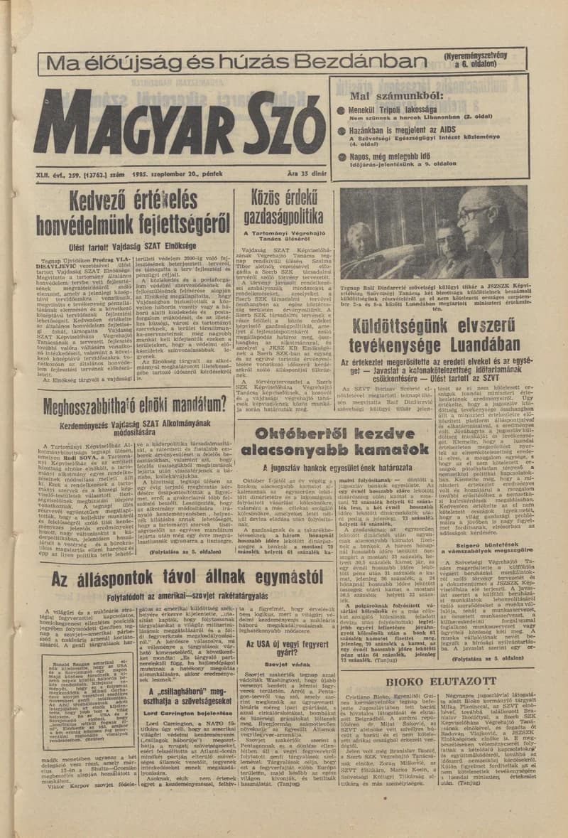 Magyar Szó, 42. évf. 1985. szeptember 20. 259. sz. 1–20. oldal