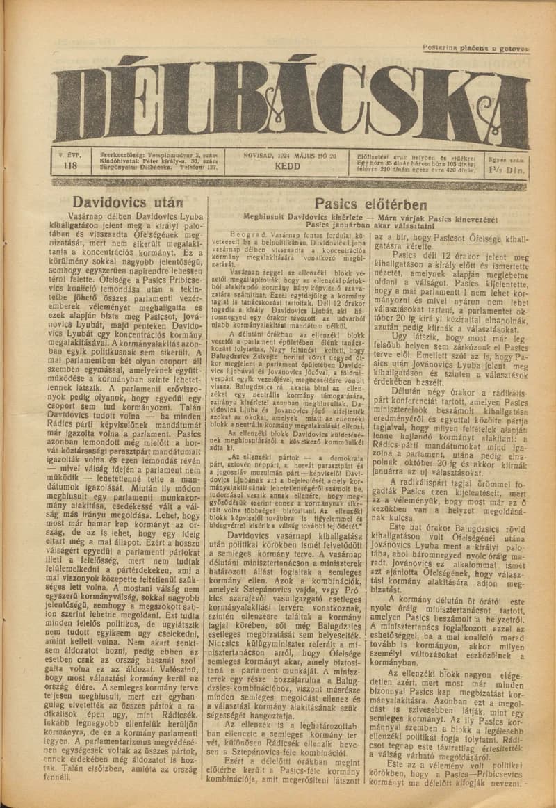 Délbácska, 5. évf. 1924. május 20. 118. sz.