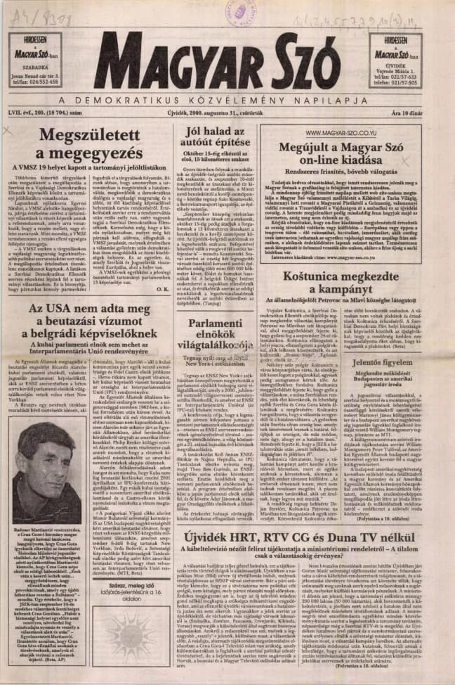 Magyar Szó, 57. évf. 2000. augusztus 31. 205. sz. 1–16. oldal