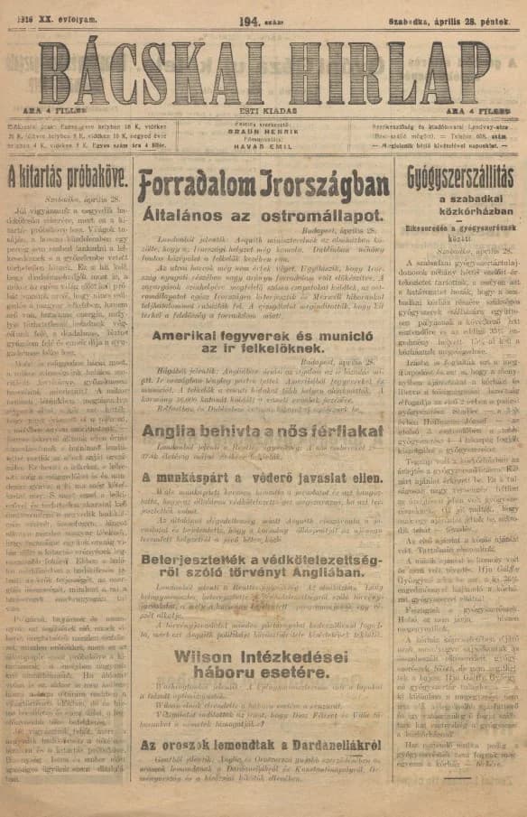 Bácskai Hirlap, 20. évf. 1916. április 28. 194. sz.