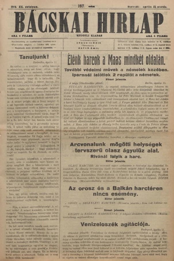 Bácskai Hirlap, 20. évf. 1916. április 12. 167. sz.