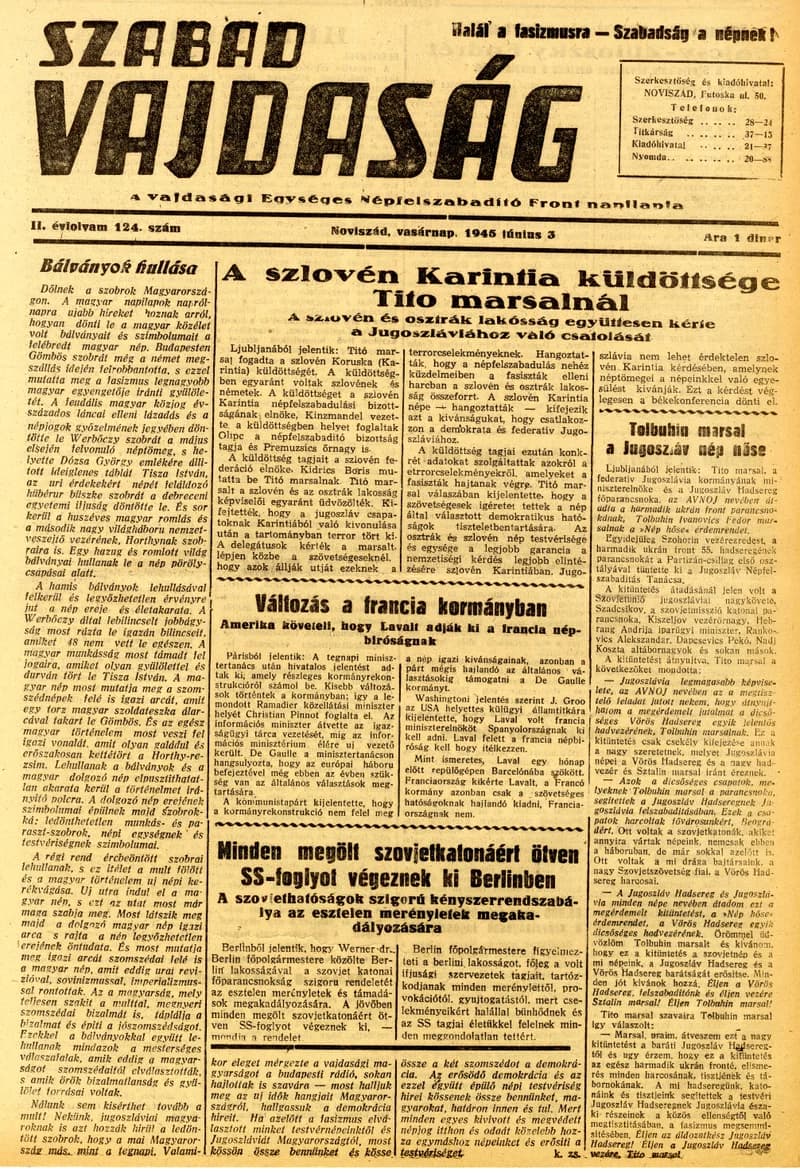 Szabad Vajdaság, 2. évf. 1945. június 3. 124. sz.