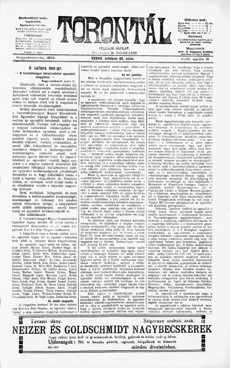 Torontál, 38. évf. 1909. április 19. 88. sz.