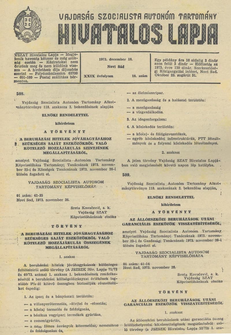 Vajdaság Szocialista Autonóm Tartomány Hivatalos Lapja, 29. évf. 1973. december 18. 18. sz. 517–520. oldal