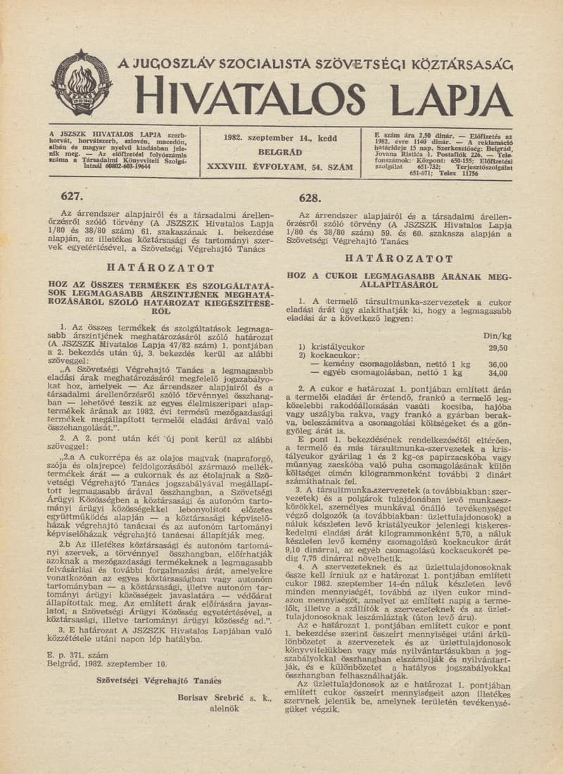 A Jugoszláv Szocialista Szövetségi Köztársaság Hivatalos Lapja, 38. évf. 1982. szeptember 14. 54. sz. 1369–1372. oldal
