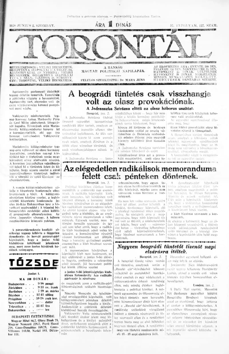 Torontál, 57. évf. 1928. június 2. 127. sz.