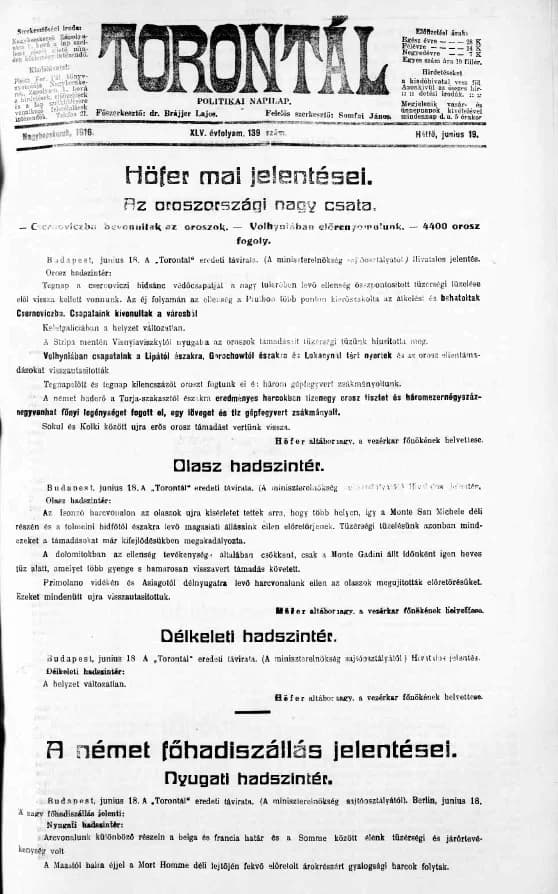 Torontál, 45. évf. 1916. június 19. 139. sz.