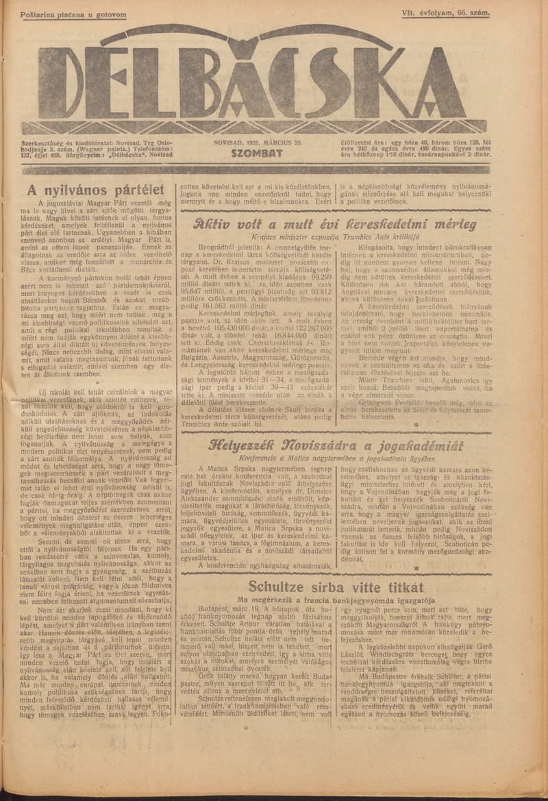 Délbácska, 7. évf. 1926. március 20. 66. sz.