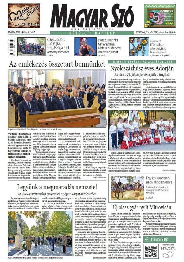 Magyar Szó, 75. évf. 2018. október 8. 234. sz. 1–20. oldal