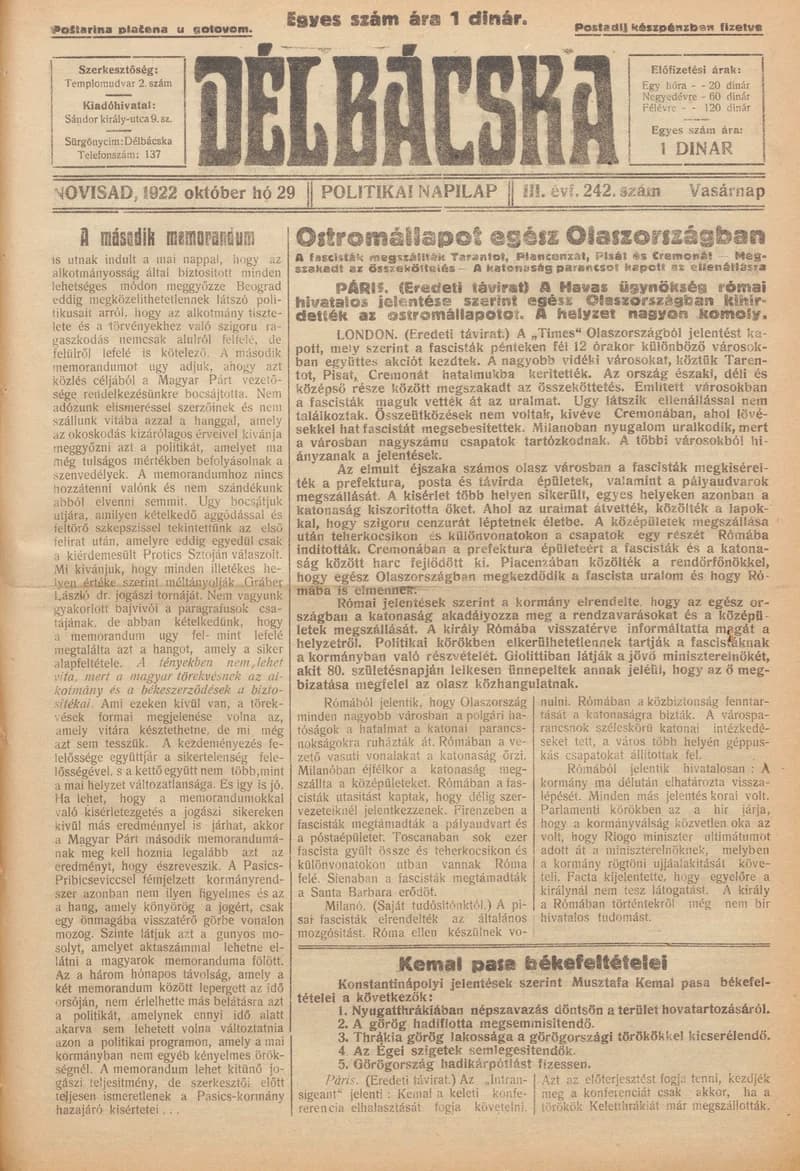 Délbácska, 3. évf. 1922. október 29. 242. sz.