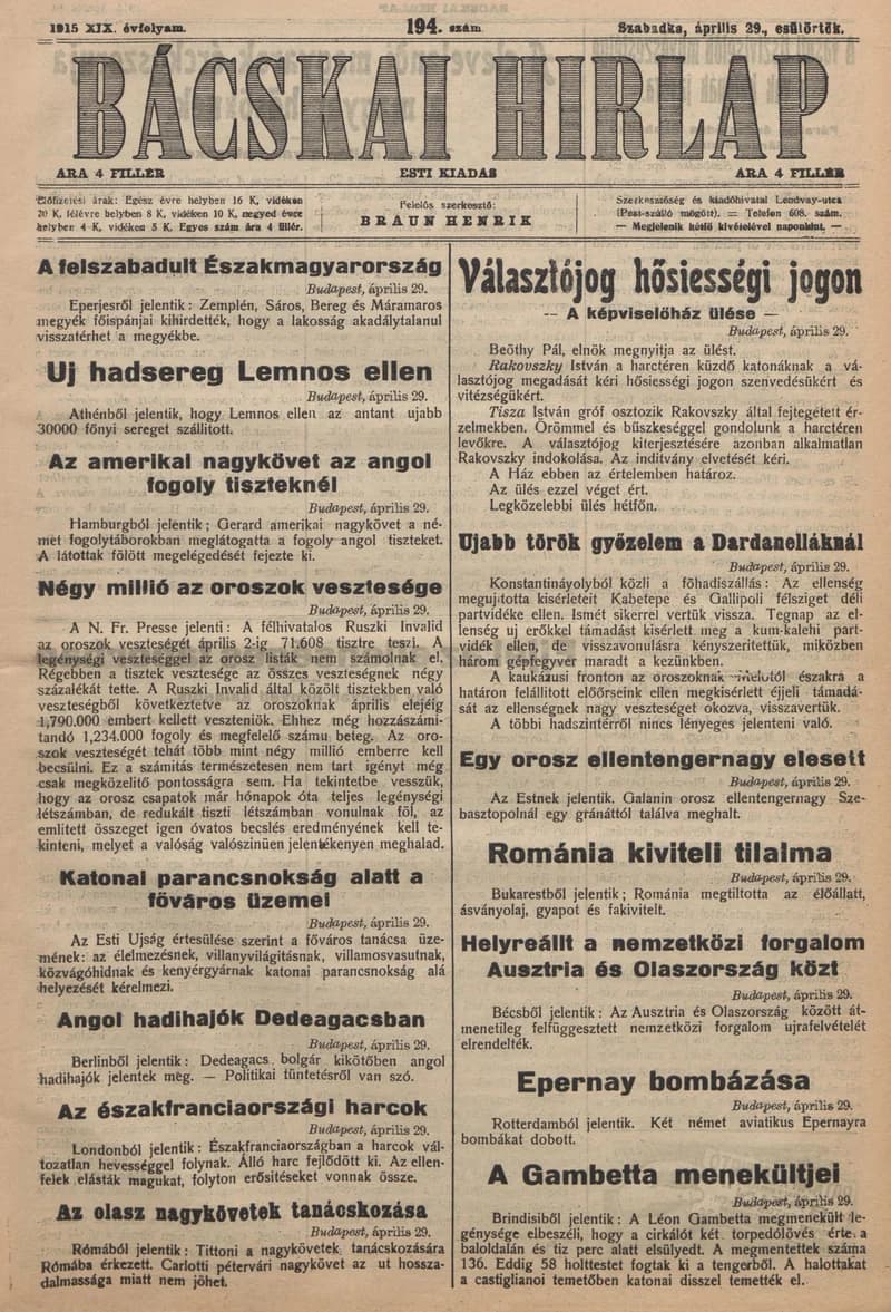 Bácskai Hirlap, 19. évf. 1915. április 29. 194. sz.