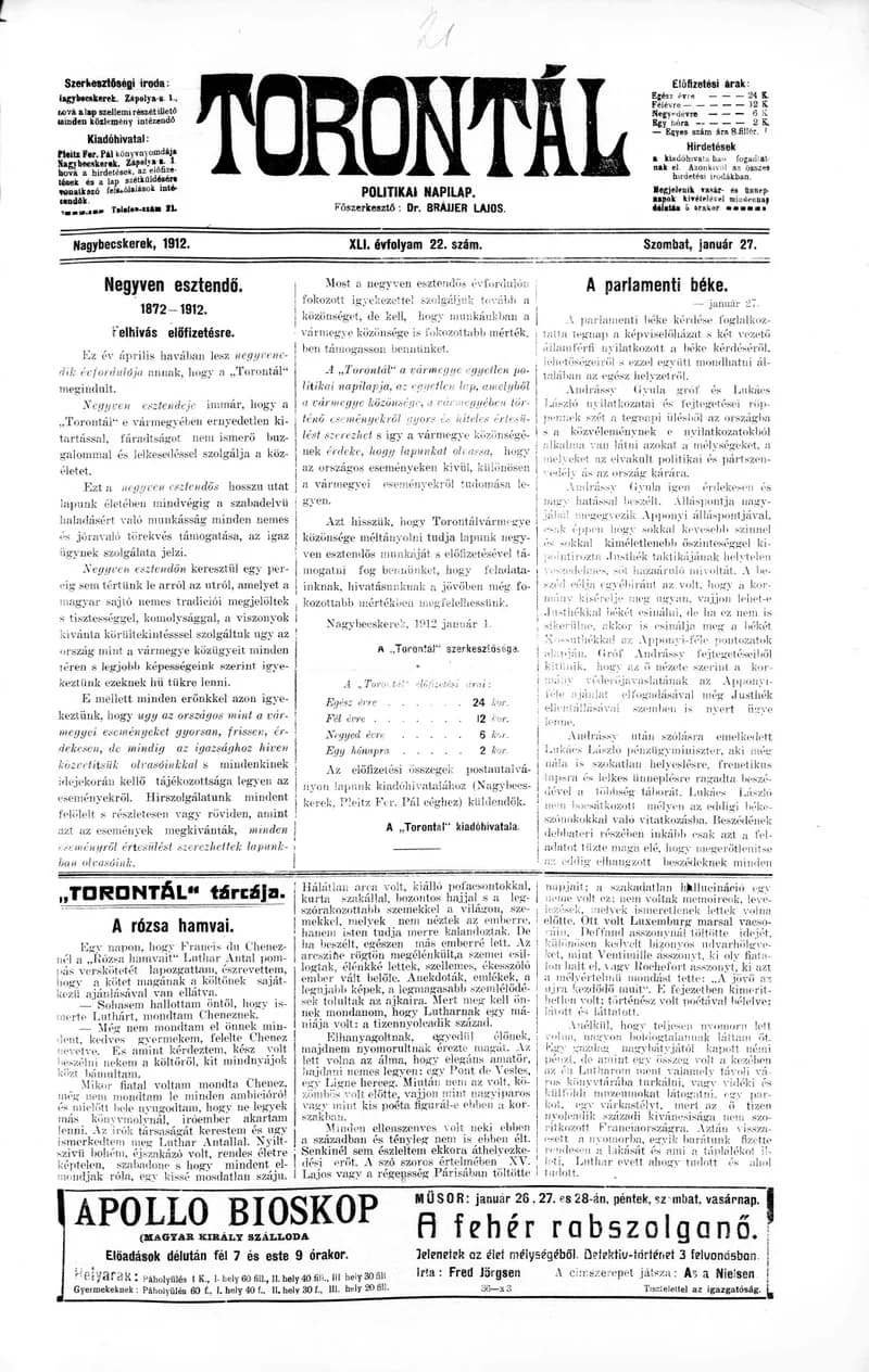 Torontál, 41. évf. 1912. január 27. 22. sz.