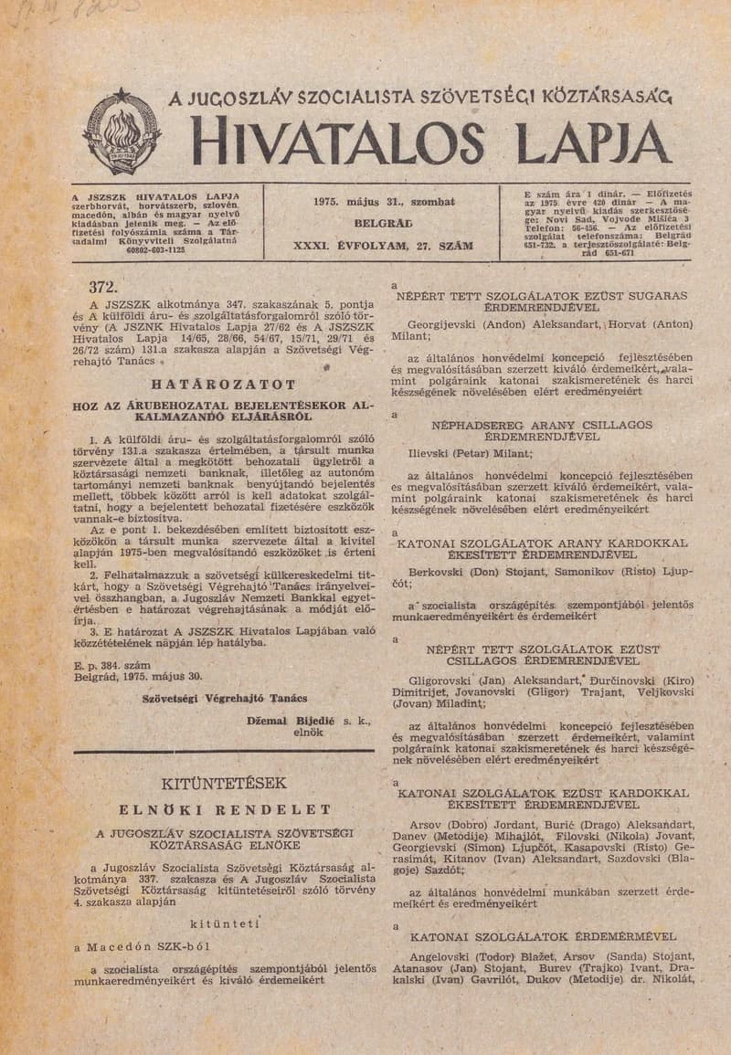 A Jugoszláv Szocialista Szövetségi Köztársaság Hivatalos Lapja, 31. évf. 1975. május 31. 27. sz. 845–848. oldal