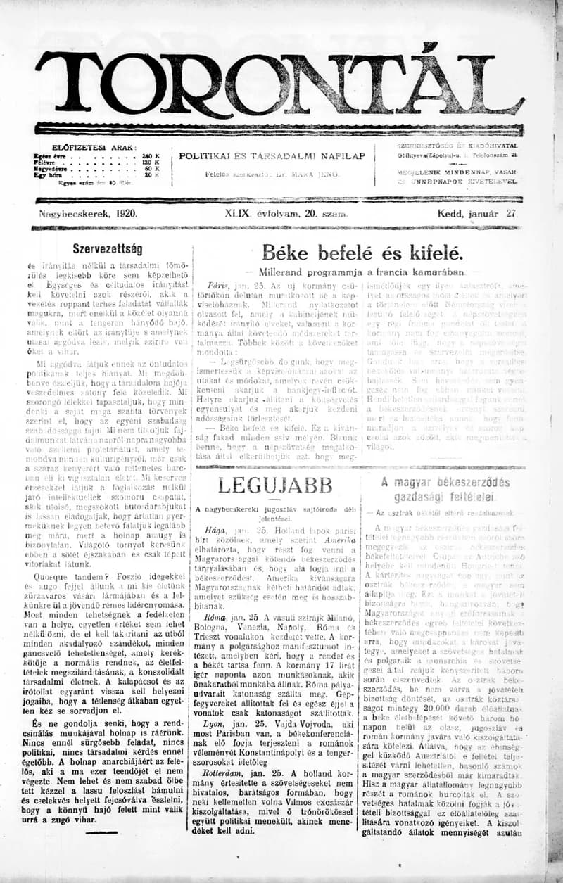 Torontál, 49. évf. 1920. január 27. 20. sz.