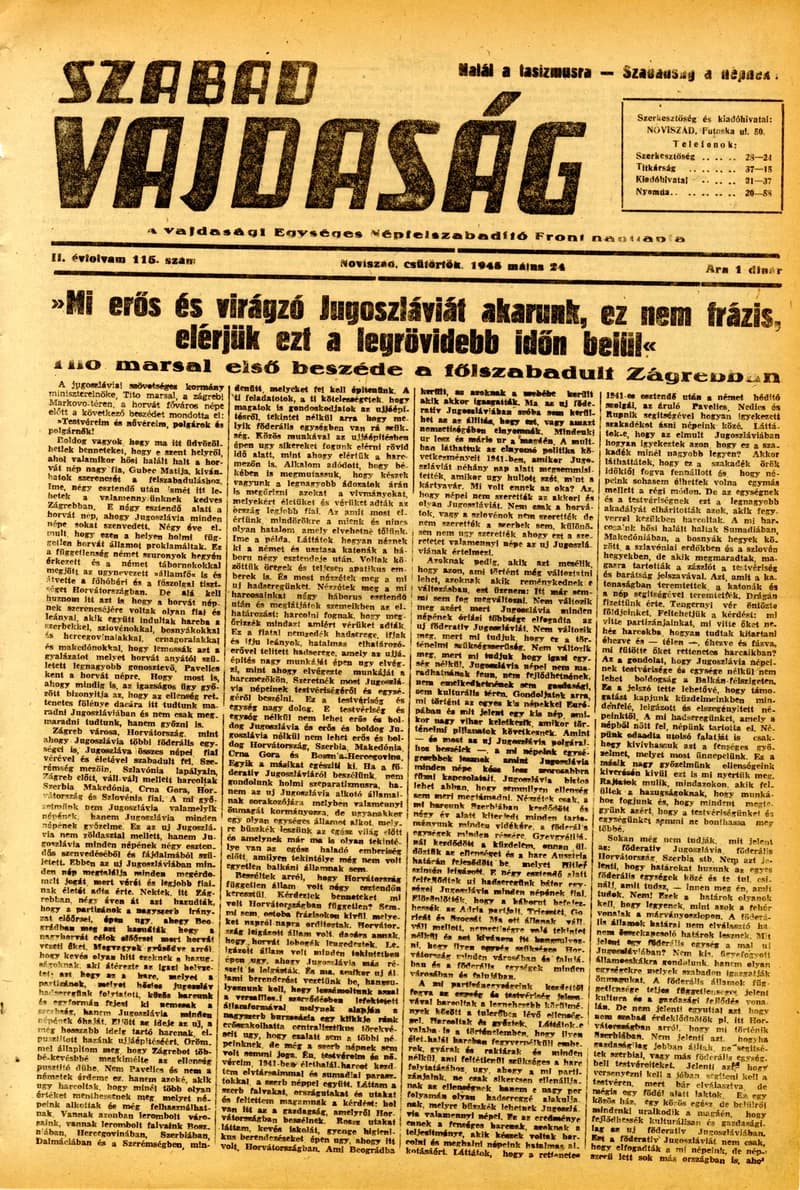 Szabad Vajdaság, 2. évf. 1945. május 24. 115. sz.