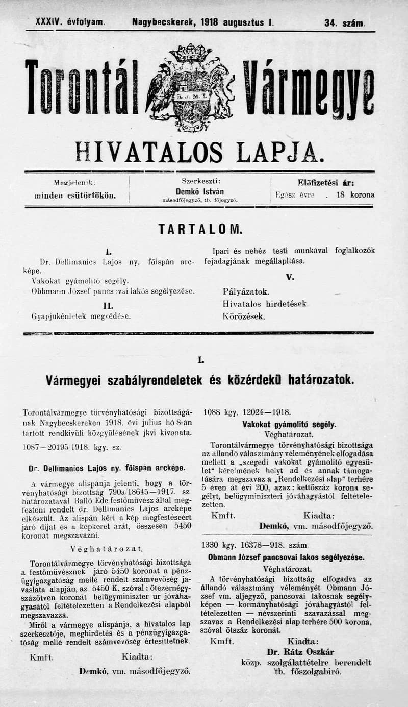 Torontál Vármegye Hivatalos Lapja, 34. évf. 1918. május 30. 34. sz.