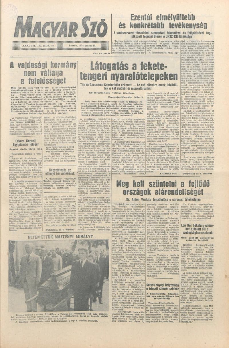 Magyar Szó, 31. évf. 1974. július 10. 187. sz. 1–16. oldal