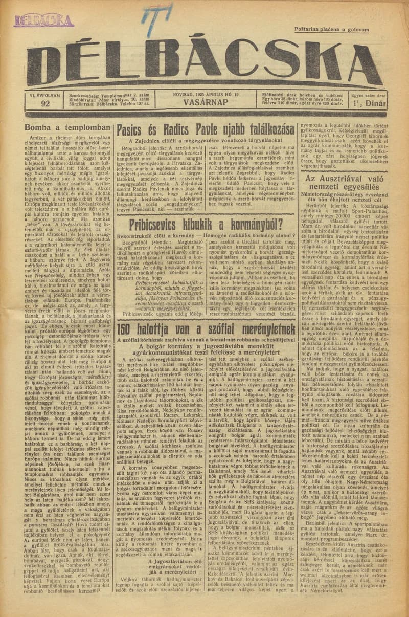 Délbácska, 6. évf. 1925. április 19. 92. sz.
