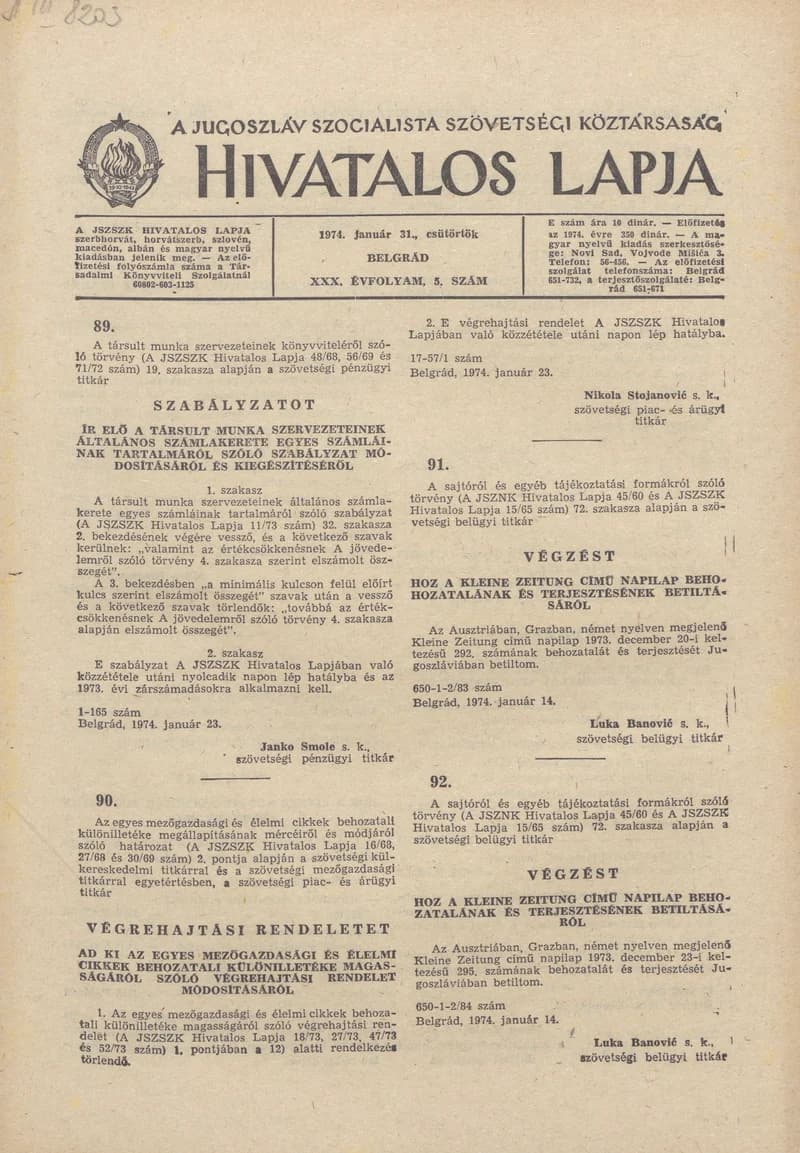 A Jugoszláv Szocialista Szövetségi Köztársaság Hivatalos Lapja, 30. évf. 1974. január 31. 5. sz. 145–160. oldal