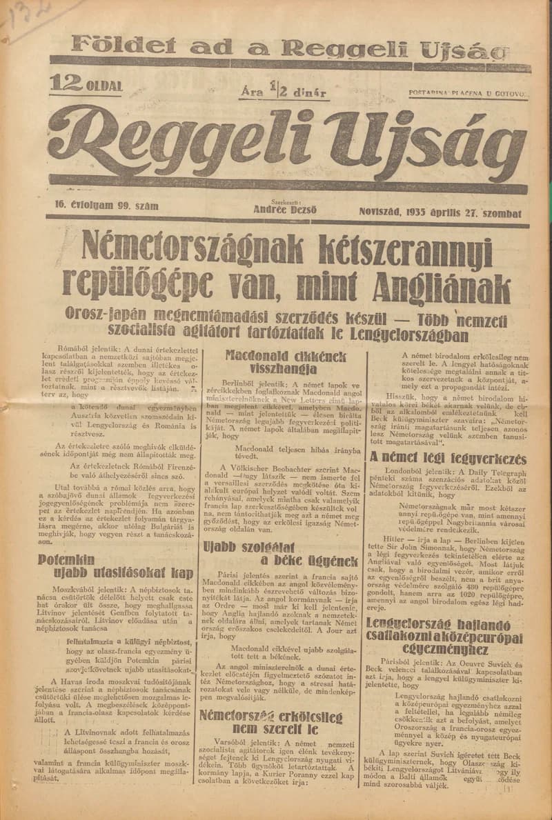 Reggeli Újság, 16. évf. 1935. április 27. 99. sz.