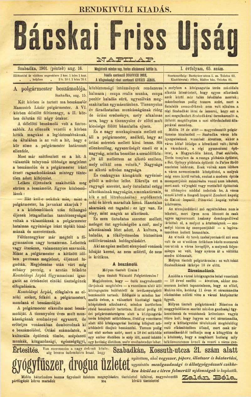 Bácskai Friss Ujság, 1. évf. 1901. augusztus 16. 65. sz.