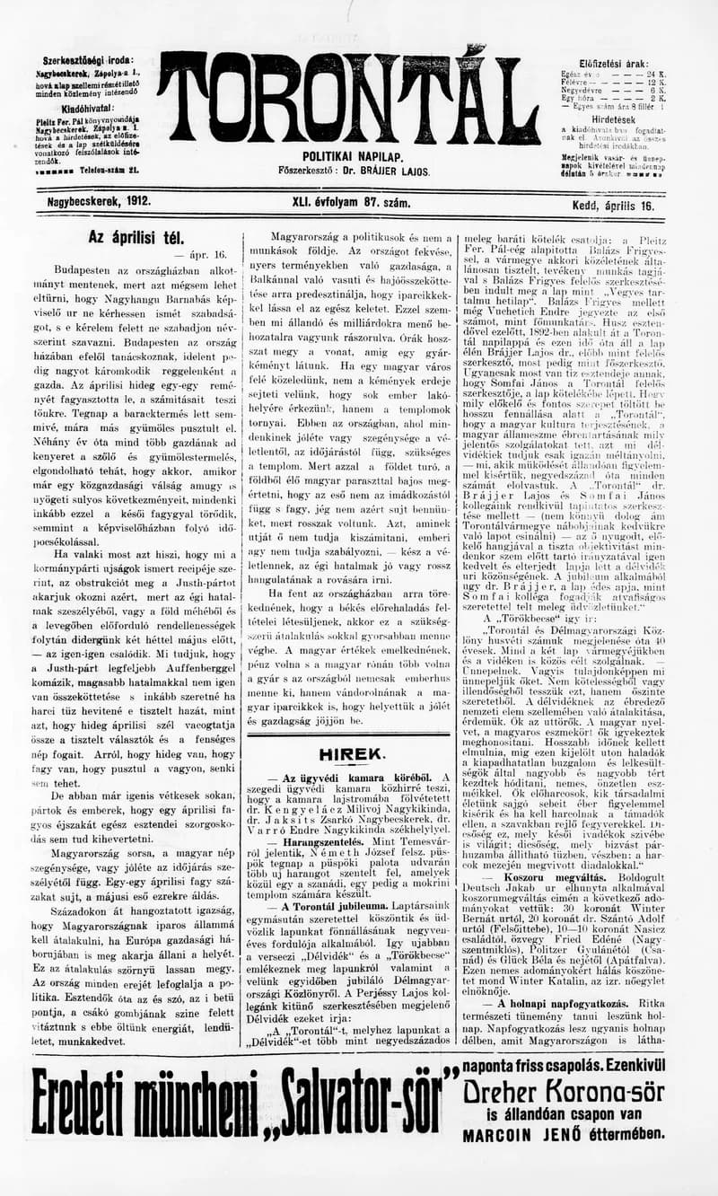 Torontál, 41. évf. 1912. április 16. 87. sz.