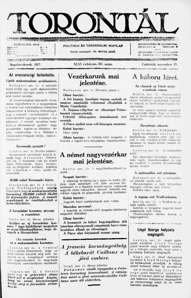 Torontál, 46. évf. 1917. november 15. 261. sz.