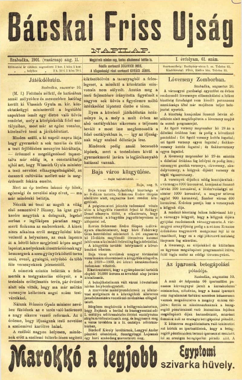 Bácskai Friss Ujság, 1. évf. 1901. augusztus 11. 61. sz.