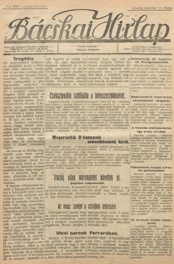 Bácskai Hirlap, 24. évf. 1920. december 31. 233. sz.