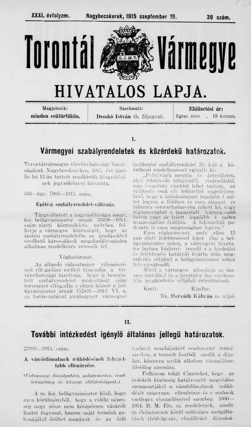 Torontál Vármegye Hivatalos Lapja, 31. évf. 1915. szeptember 16. 39. sz.