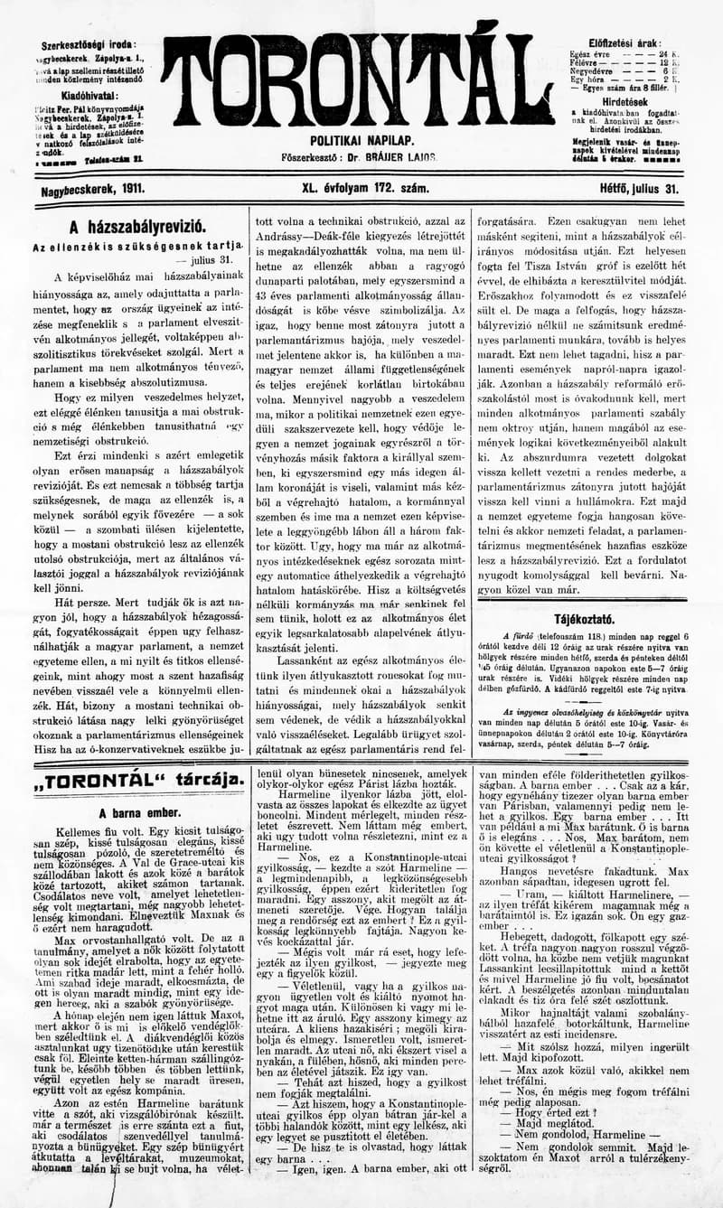 Torontál, 40. évf. 1911. július 31. 172. sz.