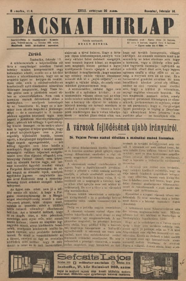 Bácskai Hirlap, 18. évf. 1914. február 14. 36. sz.
