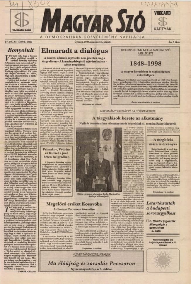 Magyar Szó, 55. évf. 1998. március 13. 63. sz. 1–16. oldal