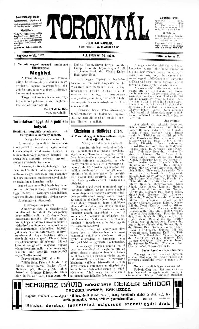 Torontál, 41. évf. 1912. március 11. 58. sz.