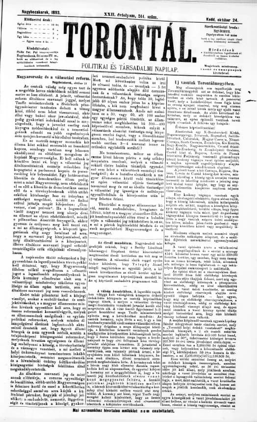 Torontál, 22. évf. 1893. október 24. 244. sz.