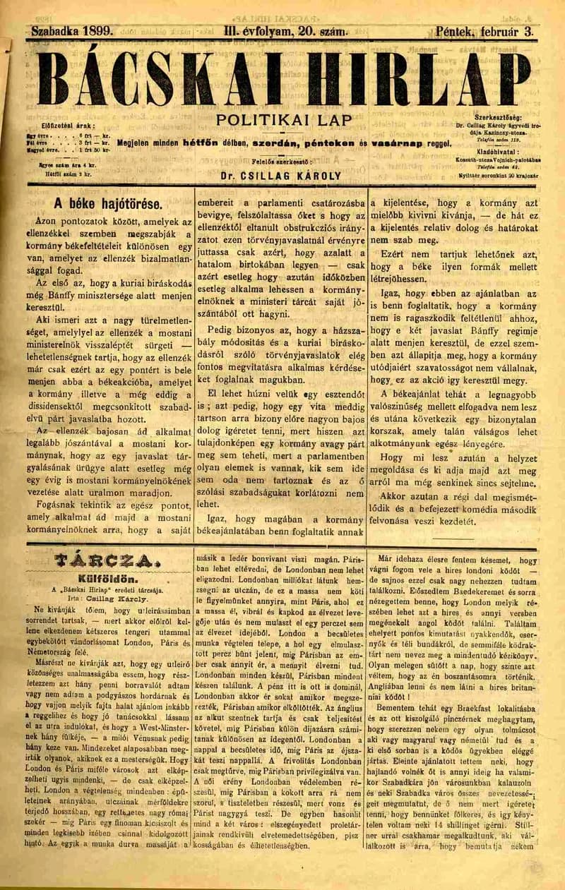 Bácskai Hirlap, 3. évf. 1899. február 3. 20. sz.