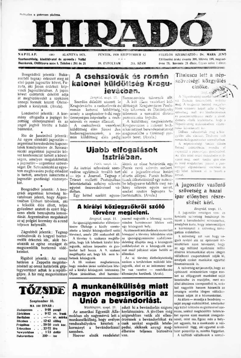 Híradó, 59. évf. 1930. szeptember 12. 211. sz.