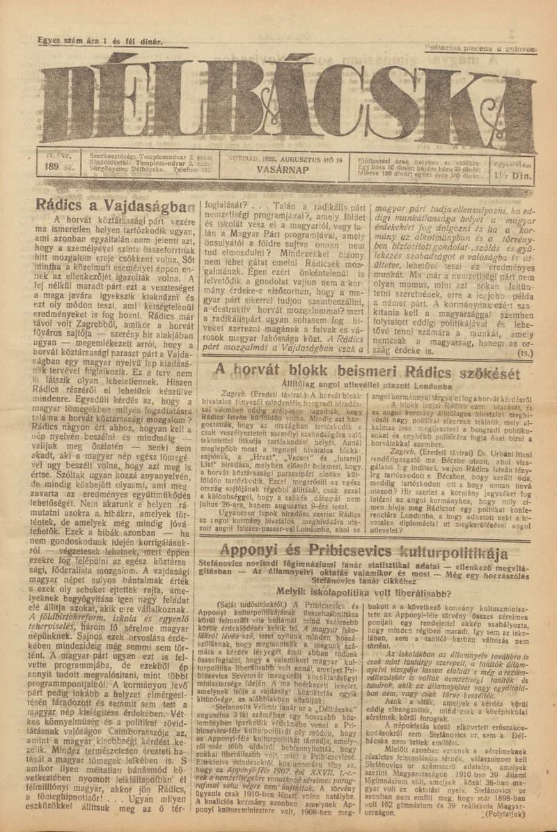 Délbácska, 4. évf. 1923. augusztus 19. 189. sz.
