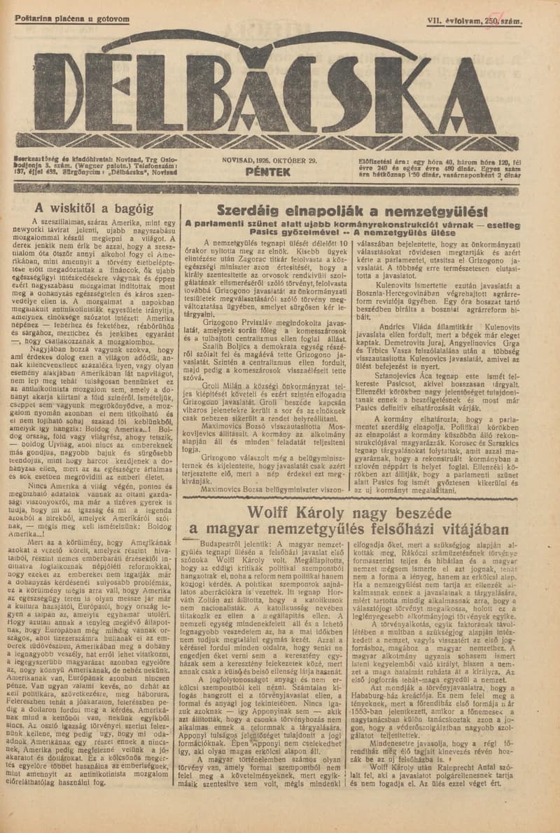 Délbácska, 7. évf. 1926. október 29. 251. sz.