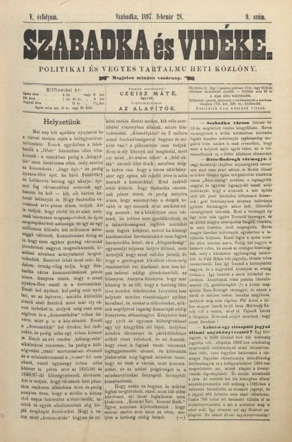 Szabadka és vidéke II, 5. évf. 1897. február 28. 9. sz.