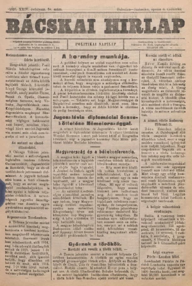 Bácskai Hirlap, 24. évf. 1920. április 8. 34. sz.