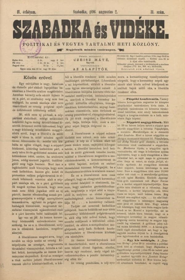 Szabadka és vidéke II, 4. évf. 1896. augusztus 2. 31. sz.